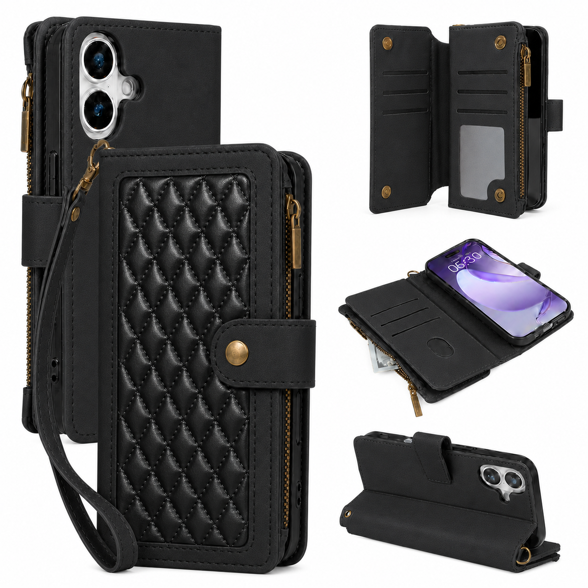iPhone 14 Plus Quilted Zip Wallet Case suede finish dual tone 9 card (w-017)