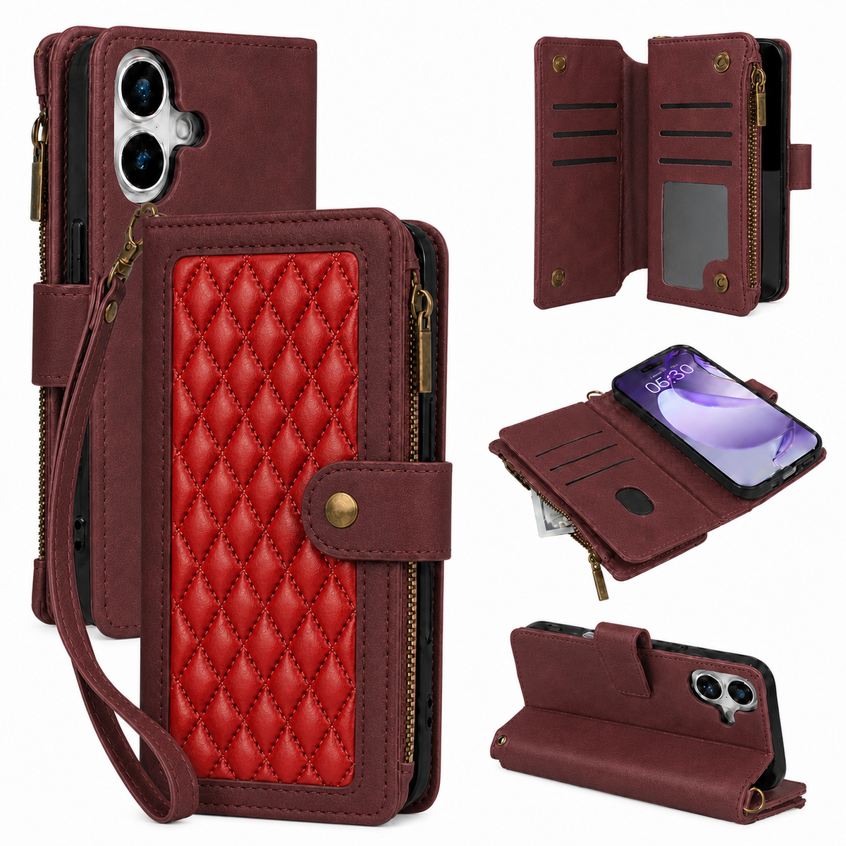 iPhone 6 Plus Quilted Zip Wallet Case suede finish dual tone 9 card (w-017)