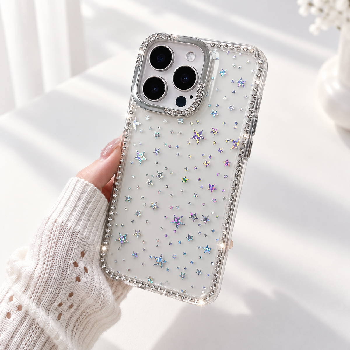 iPhone 11 Slim fit clear case with glitter star pattern camera protection