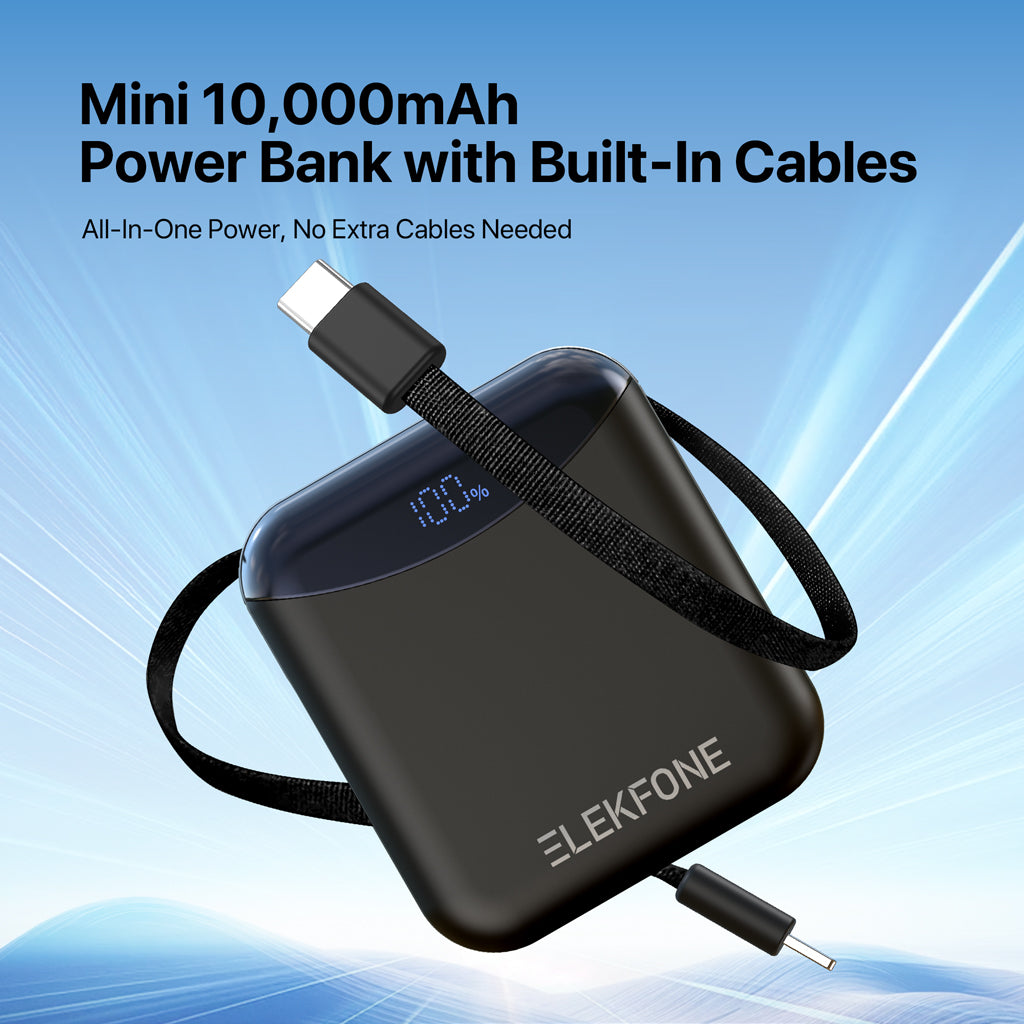 10000mAh Mini Power Bank with Built-in Cables for iPhone, Samsung & More - CW09