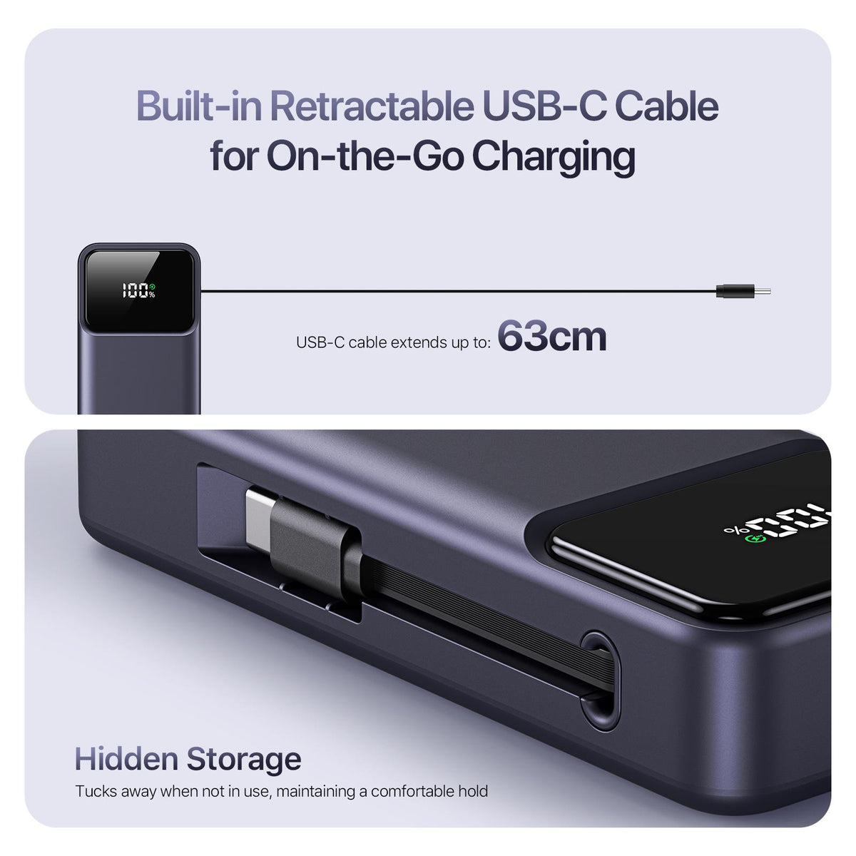 DUZZONA 10,000 mAh Power Bank with Retractable Type-C Cable - P1
