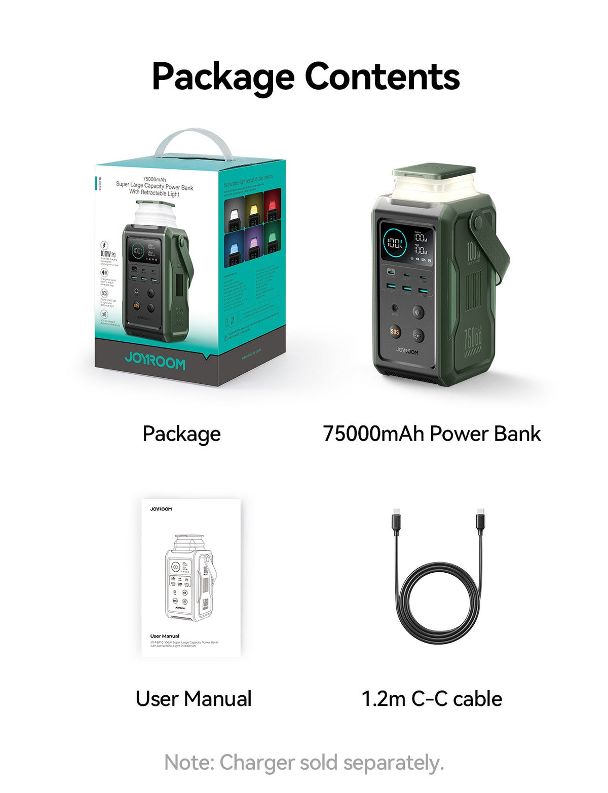 JOYROOM 100W Super Large Capacity Power Bank With Retractable Light 75000mAh - JR-PBF10