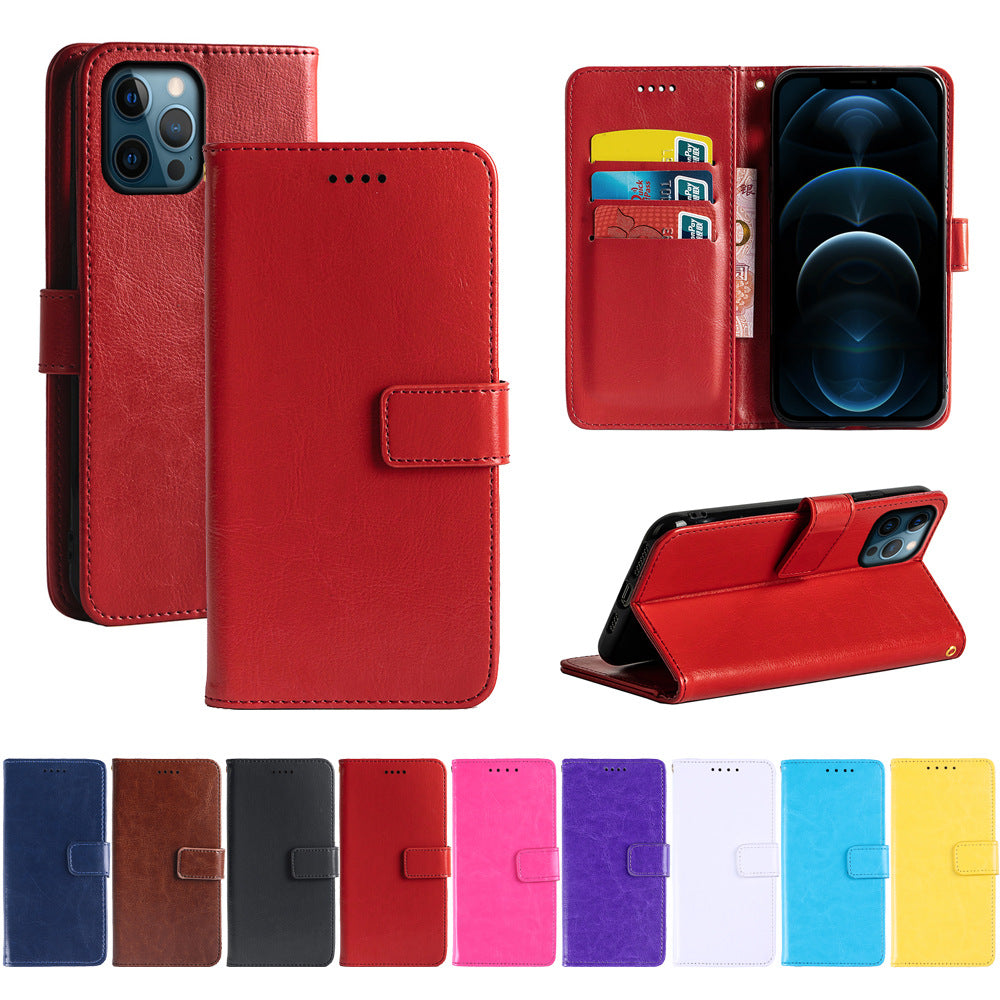 iphone 12/12 pro flip wallet case cow hide glossy finish with 3 card slots (w-003)