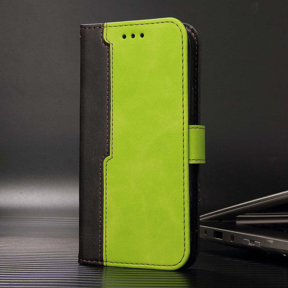 iphone 14 plus flip wallet case suede finish collate style w 3 card slots & back magnetic closure (w-007)