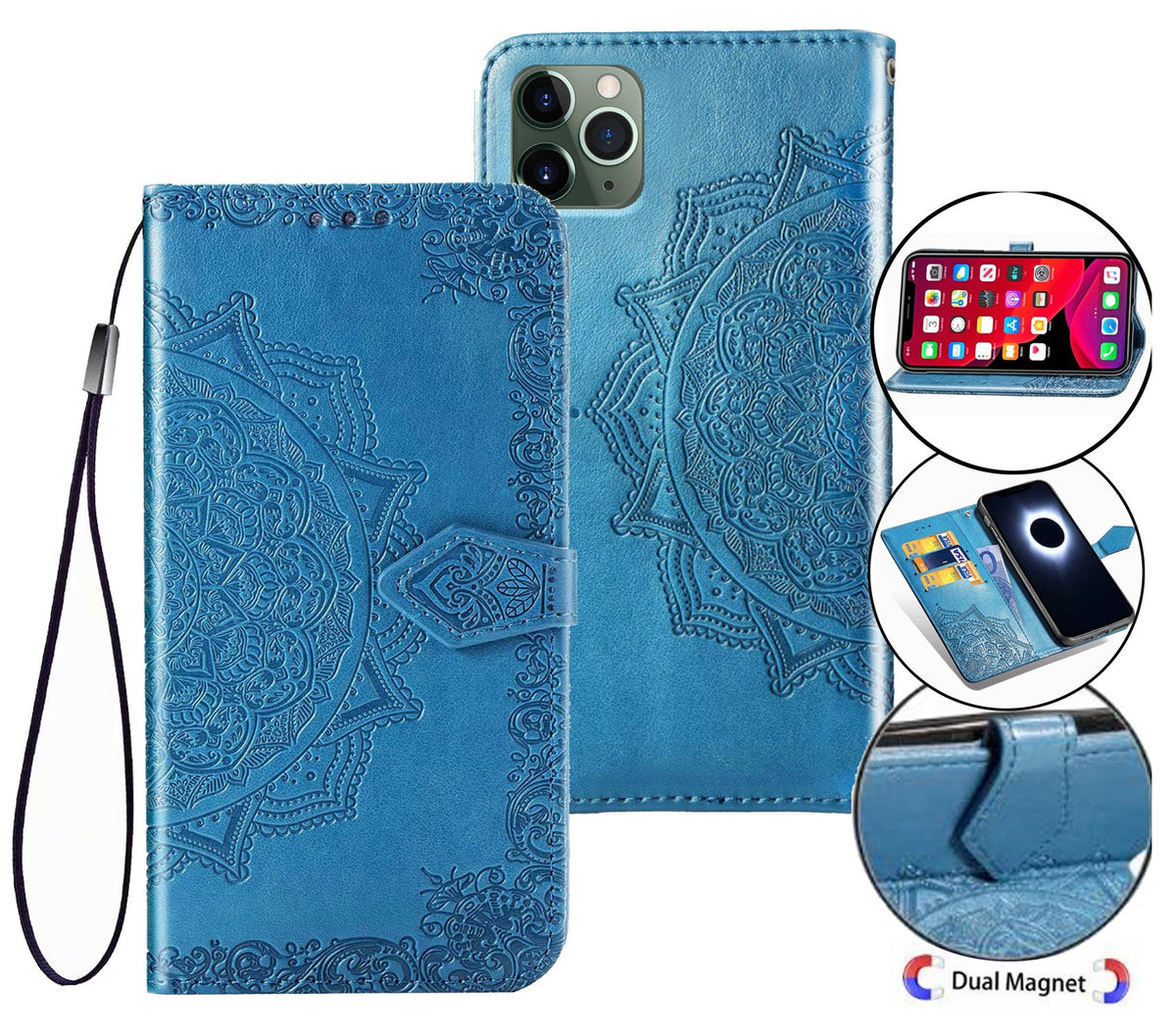 iphone 13 mini flip wallet case embossed patterned finish 3 card slots (w-006)