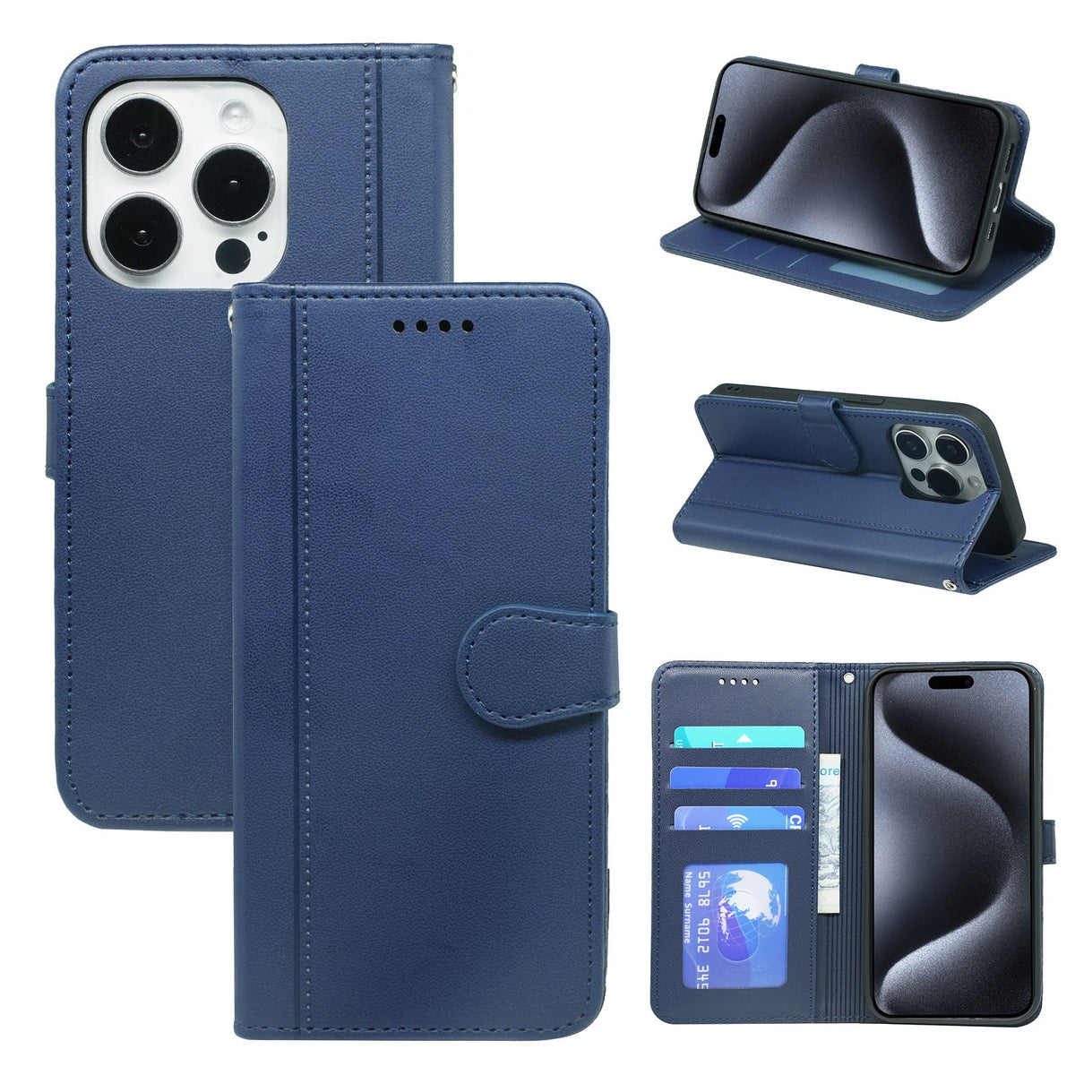 iphone xs max PU leather flip case stitched, 3 card slot & front round shaped closure (w-R203C)