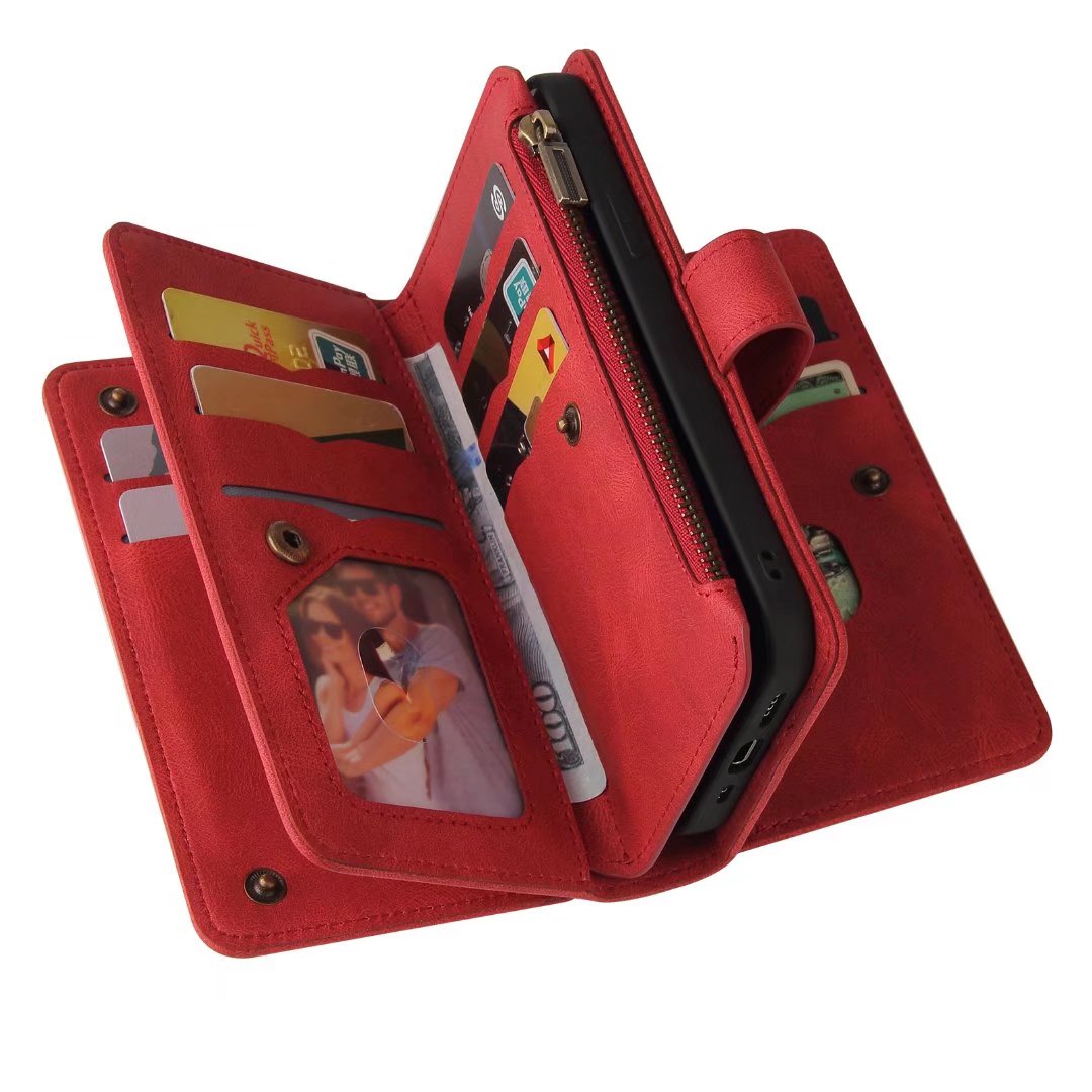 iPhone 13 Pro suede multifunction wallet case 15 cards & zipper pocket (w-018)