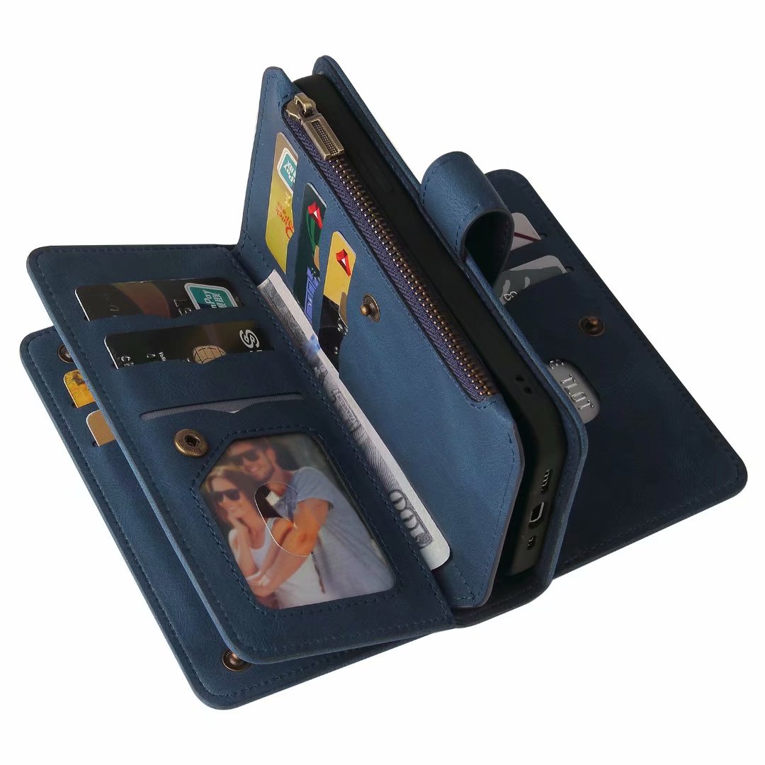 iPhone 13 mini suede multifunction wallet case 15 cards & zipper pocket (w-018)