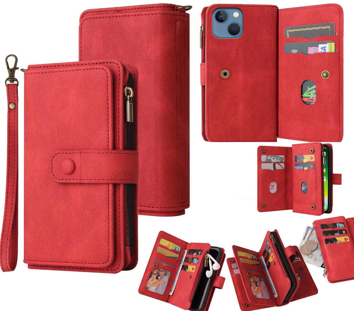 iPhone 13 Pro suede multifunction wallet case 15 cards & zipper pocket (w-018)