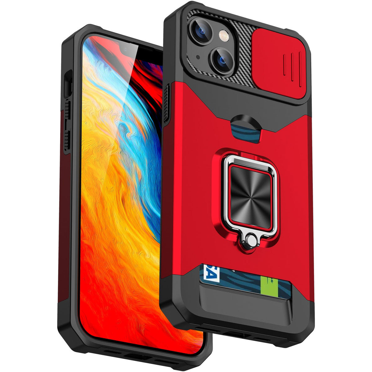 Iphone 15 pro dual layer case with card slot ring holder & camera shutter (B004)