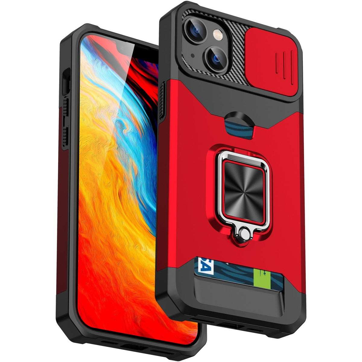 Iphone 16e dual layer case with card slot ring holder & camera shutter (B004)