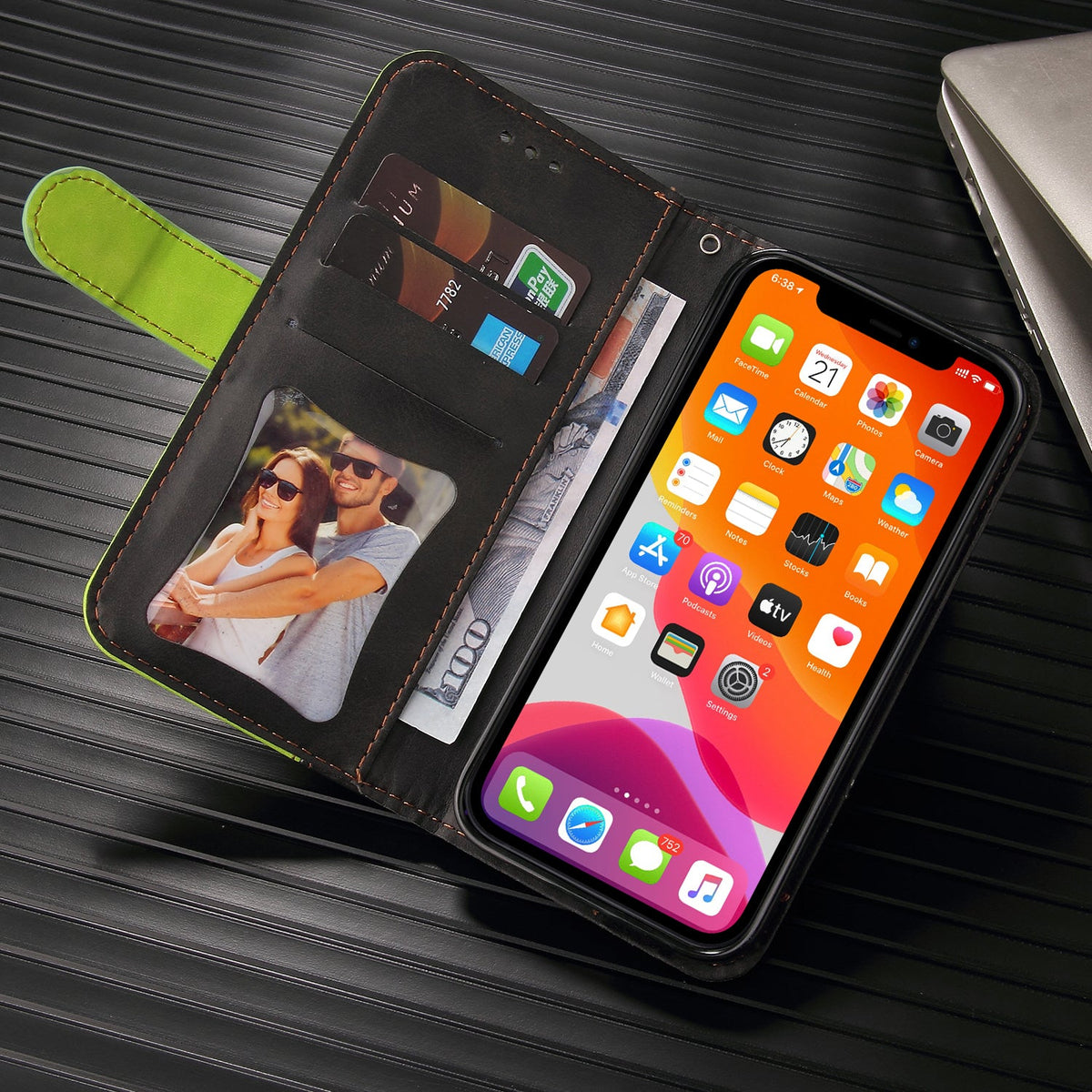 iphone xs max flip wallet case suede finish collate style w 3 card slots & back magnetic closure (w-007)