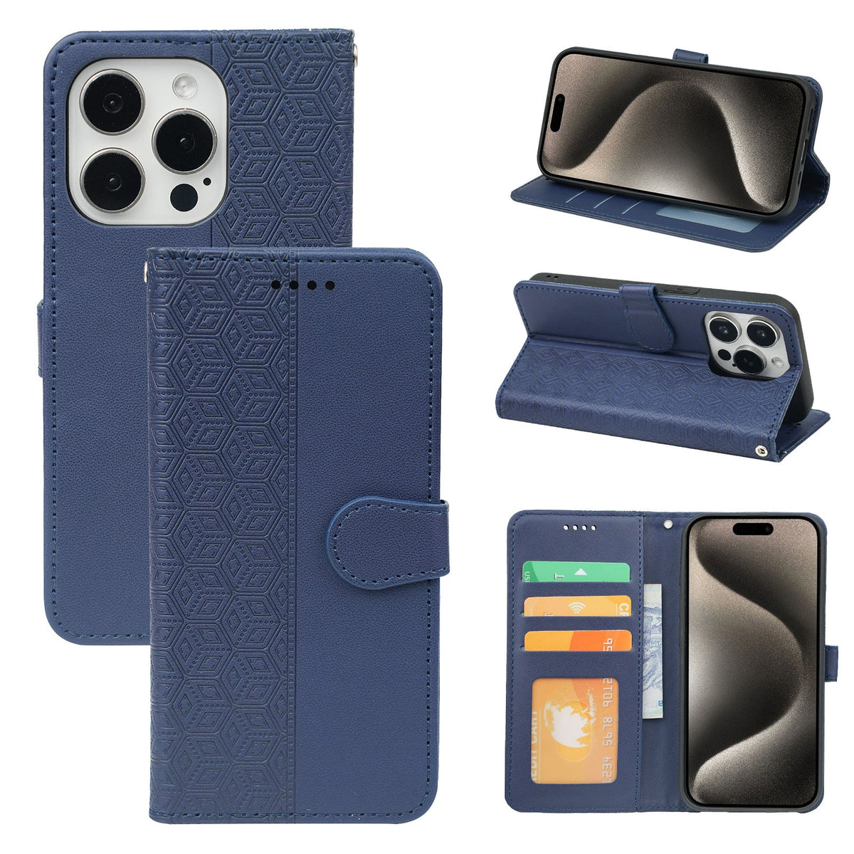 iphone 15 pro max PU leather flip case stitched, patterned, 3 card slot & front round shaped closure (w-R20P3C)