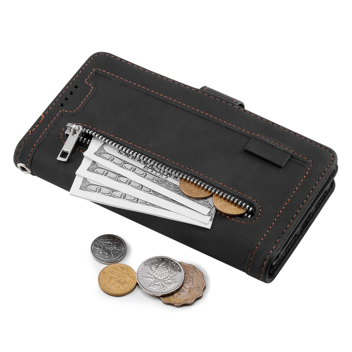 iphone 16 all in one wallet 9 card front zipper suede finish (w-014)