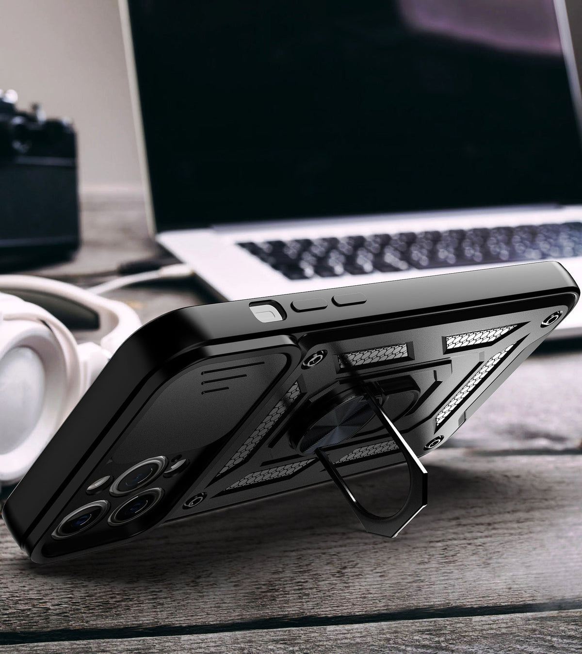iPhone 17 Pro Max / 18 Pro Max dual layer case with ring holder & camera shutter (B001)