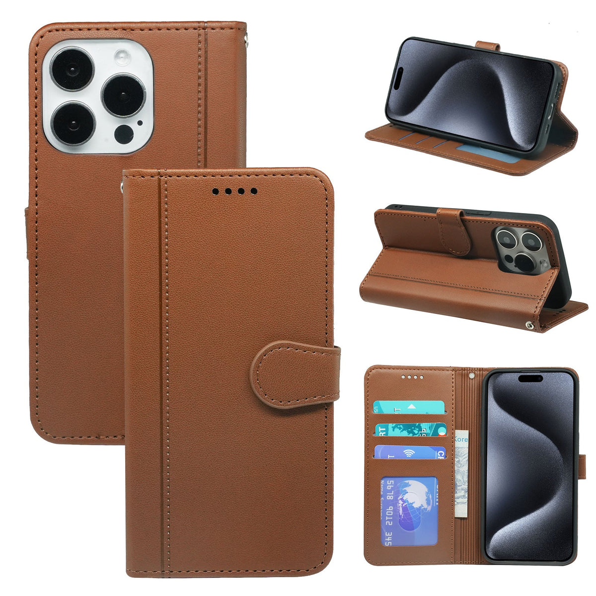 iphone 16 PU leather flip case stitched, 3 card slot & front round shaped closure (w-R203C)