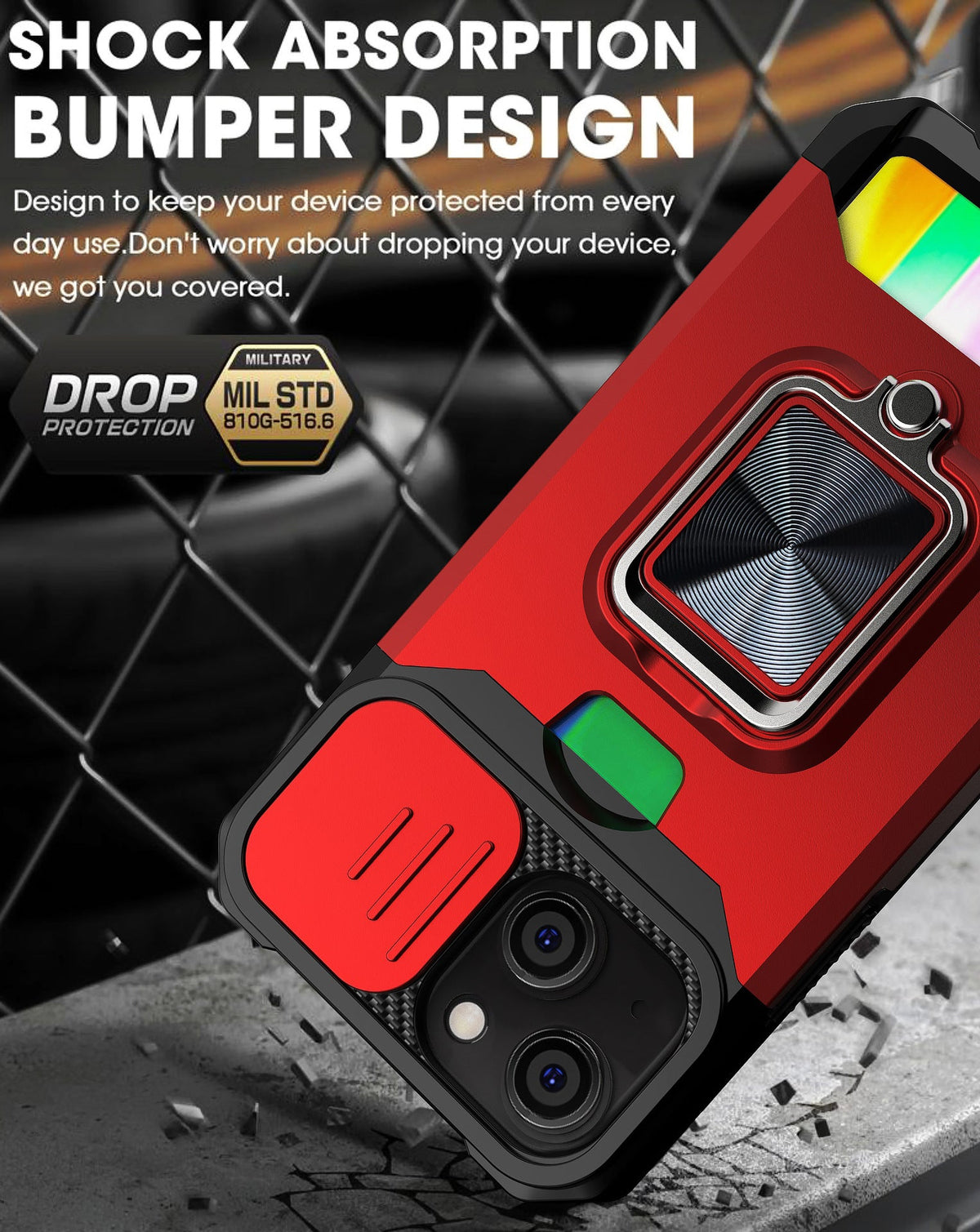 Iphone 16 pro max dual layer case with card slot ring holder & camera shutter (B004)