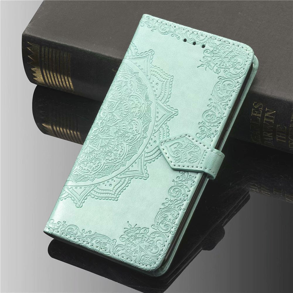 iphone 13 mini flip wallet case embossed patterned finish 3 card slots (w-006)