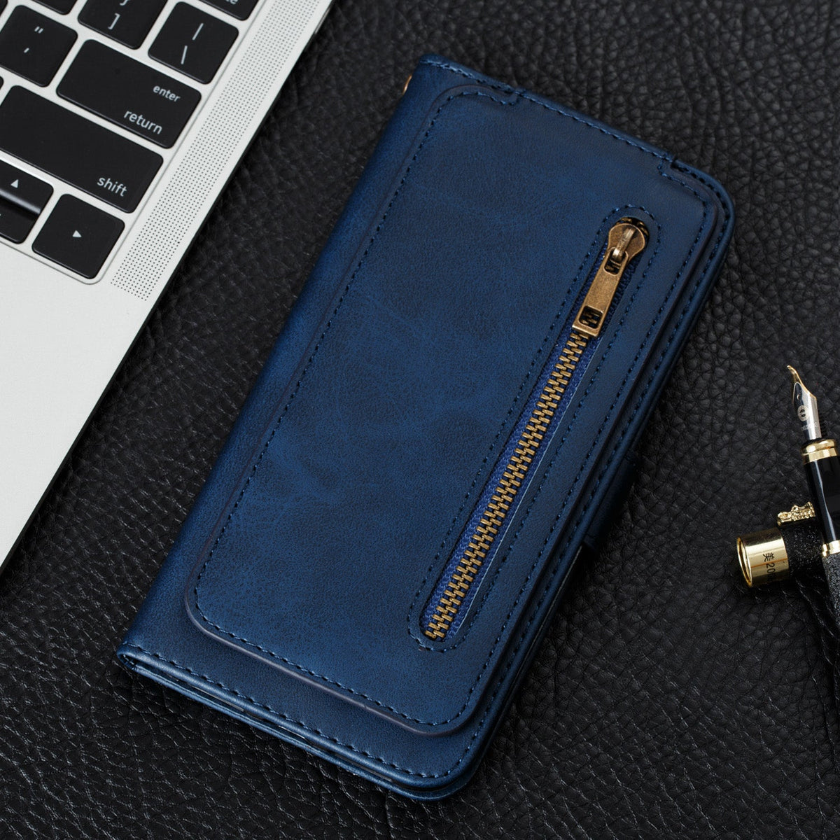 iphone 16 pro max 9 card wallet vertical flip w front zipper cowhide finish (w-013)