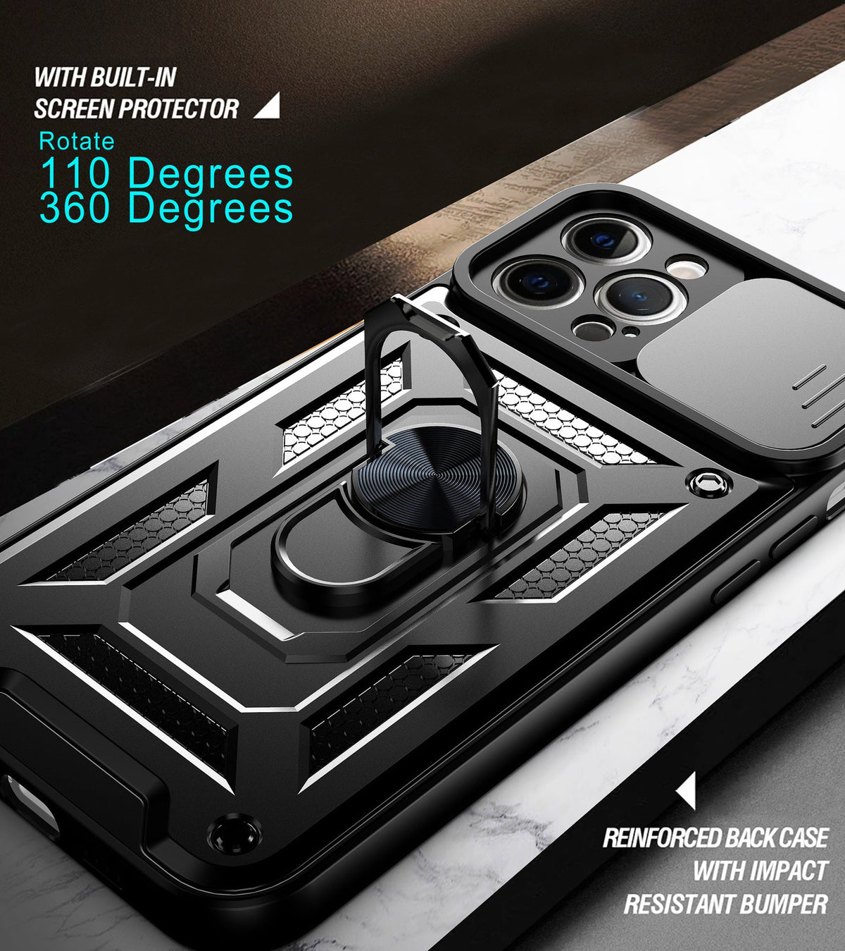Iphone 16e dual layer case with ring holder & camera shutter (B001)