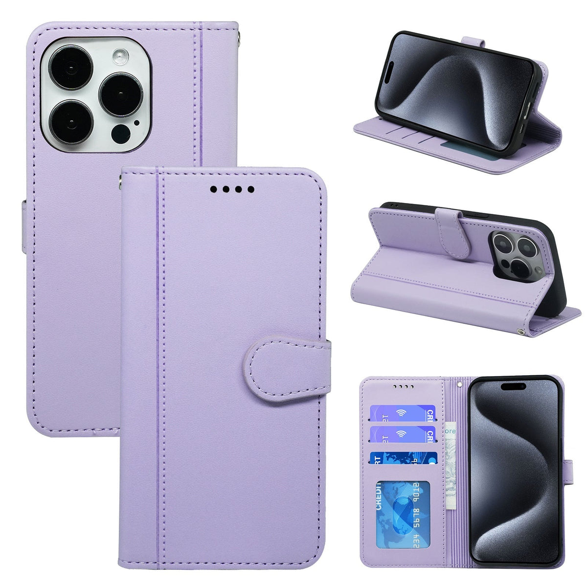iPhone 17 Pro Max / 18 Pro Max PU leather flip case stitched, 3 card slot & front round shaped closure (w-R203C)