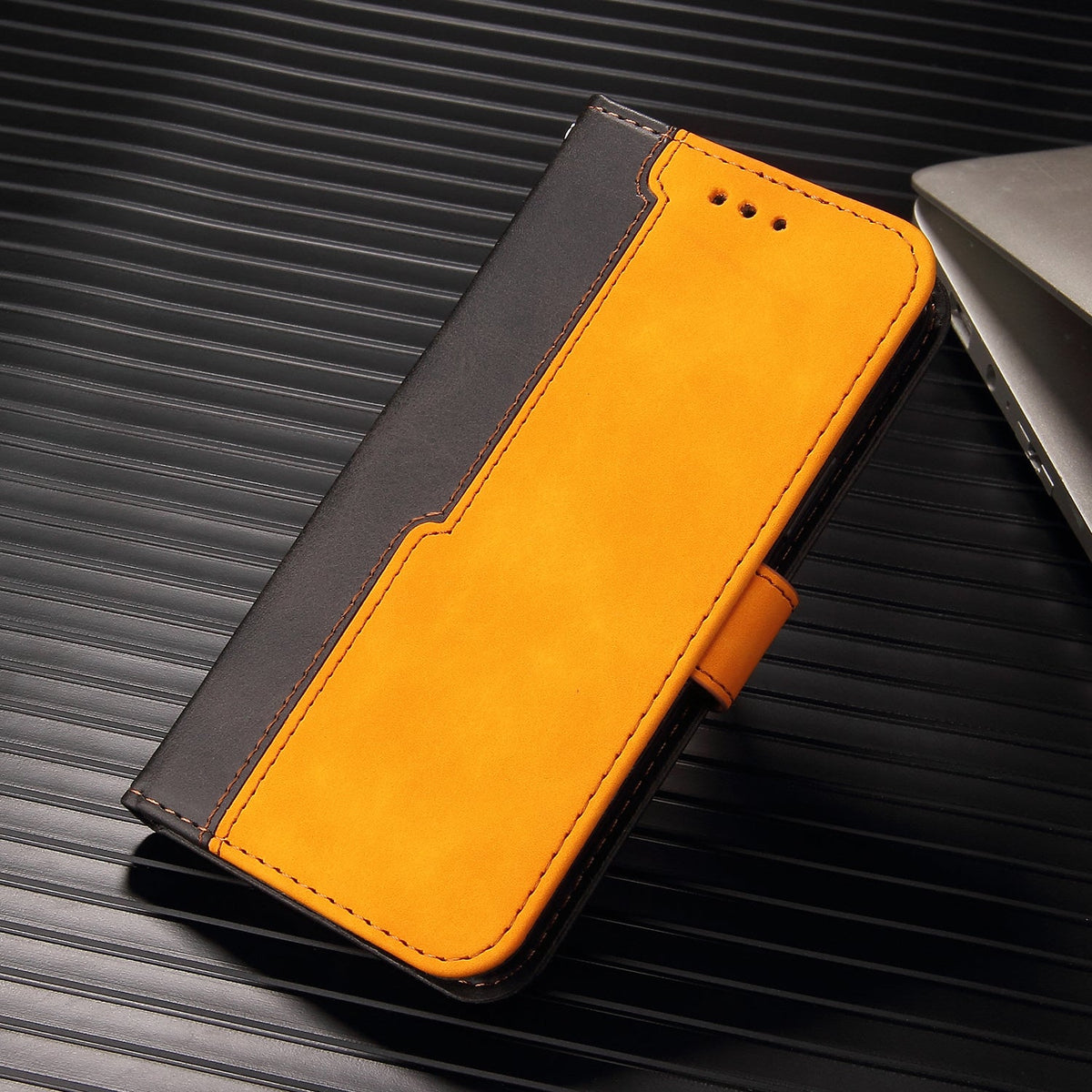iphone 12 pro max flip wallet case suede finish collate style w 3 card slots & back magnetic closure (w-007)