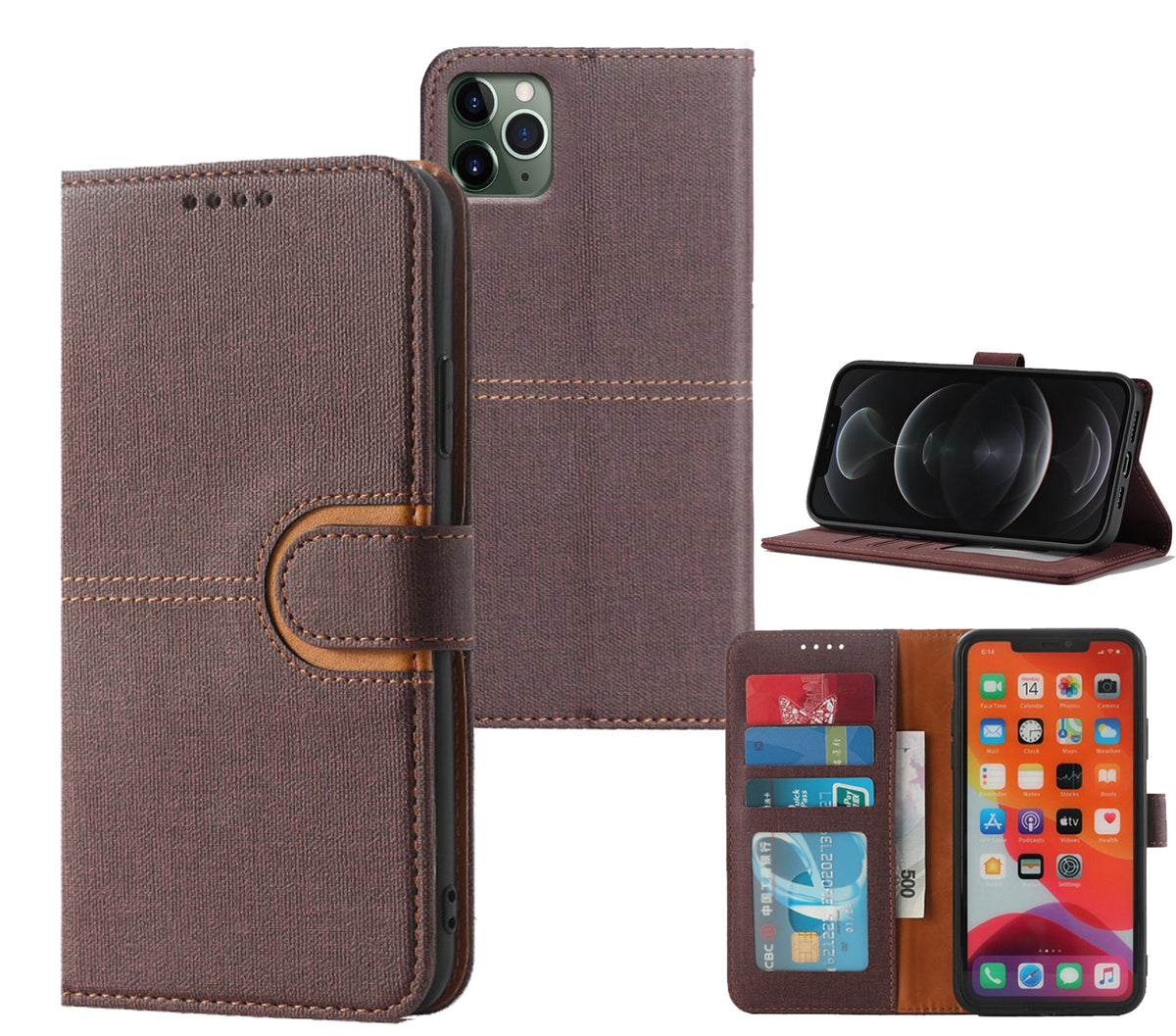 iphone 12/12 pro PU leather flip case canvas finish 3 card slot (w-canvas1)