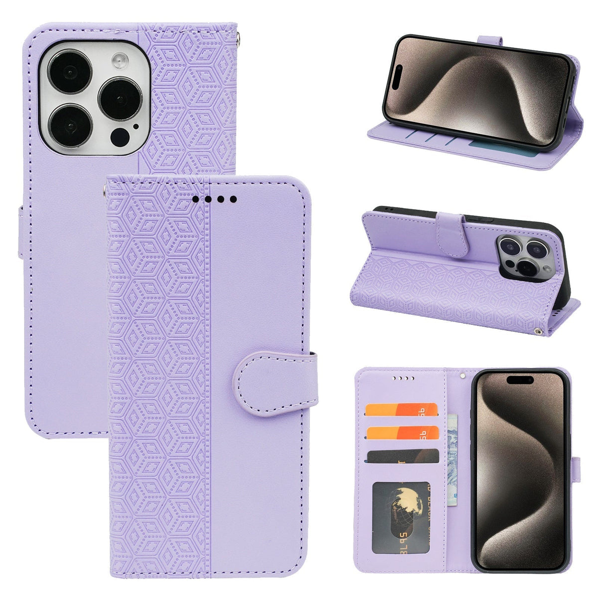 iPhone 17 Pro Max / 18 Pro Max PU leather flip case stitched, patterned, 3 card slot & front round shaped closure (w-R20P3C)