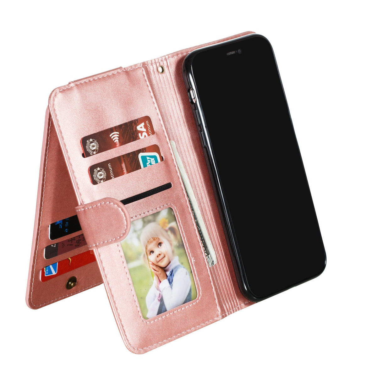 iphone 14 pro 9 card wallet vertical flip w front zipper cowhide finish (w-013)