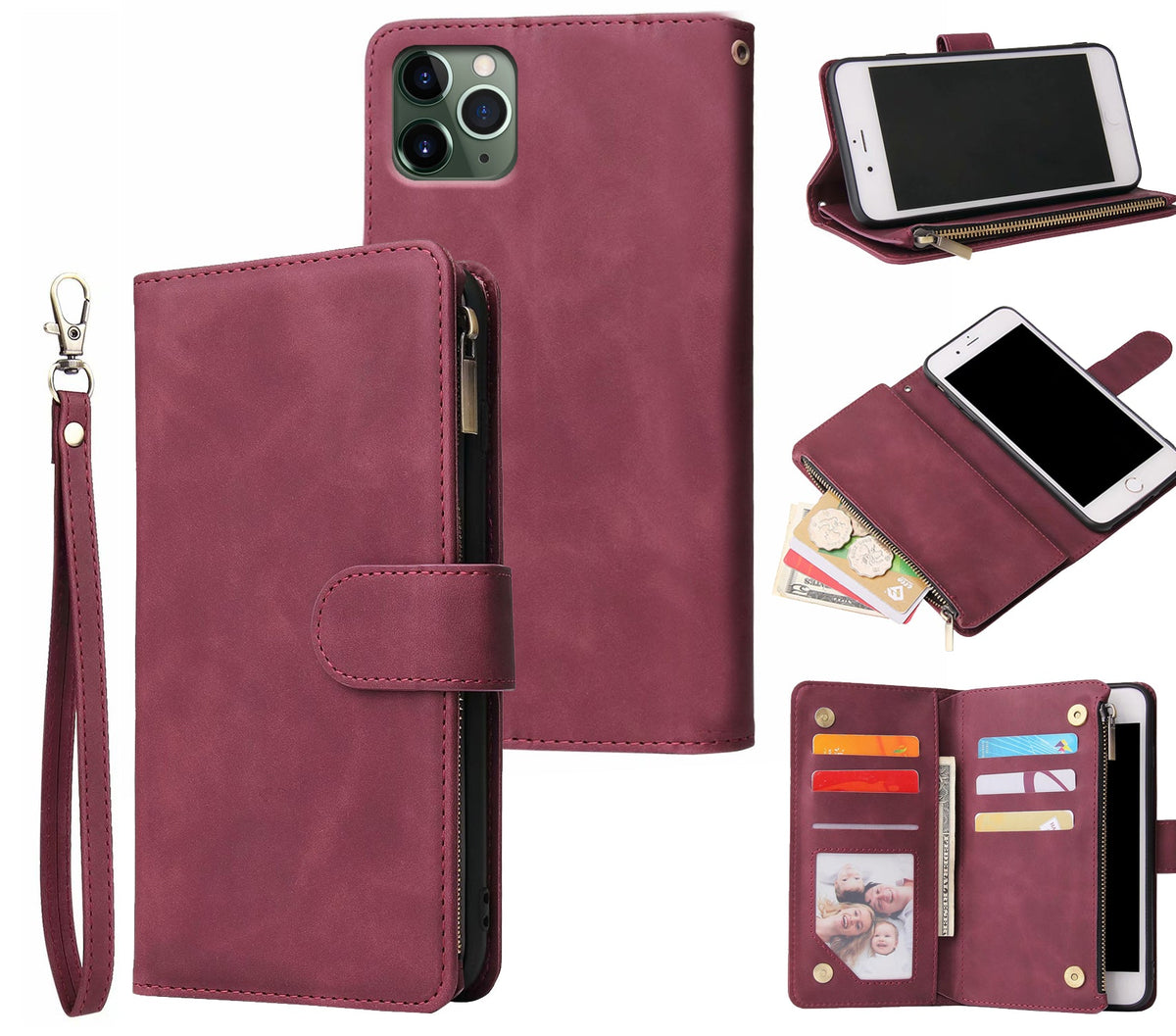 iphone 13 pro max multifunction wallet case suede finish 6 card slots & zipper pouch(w-010)