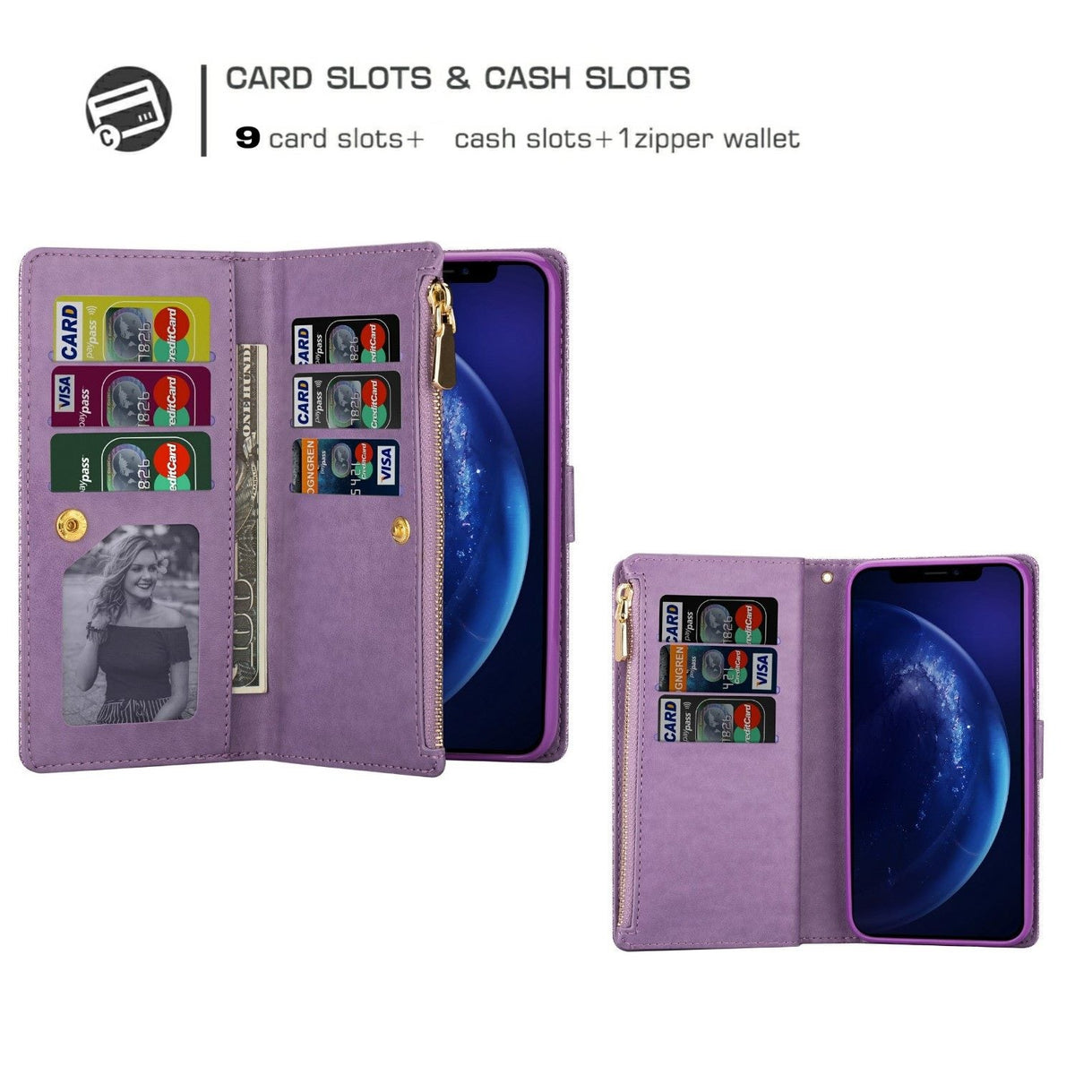 iPhone 16 9-Card Wallet Case with Zipper Pouch – Glitter Finish (W-009)