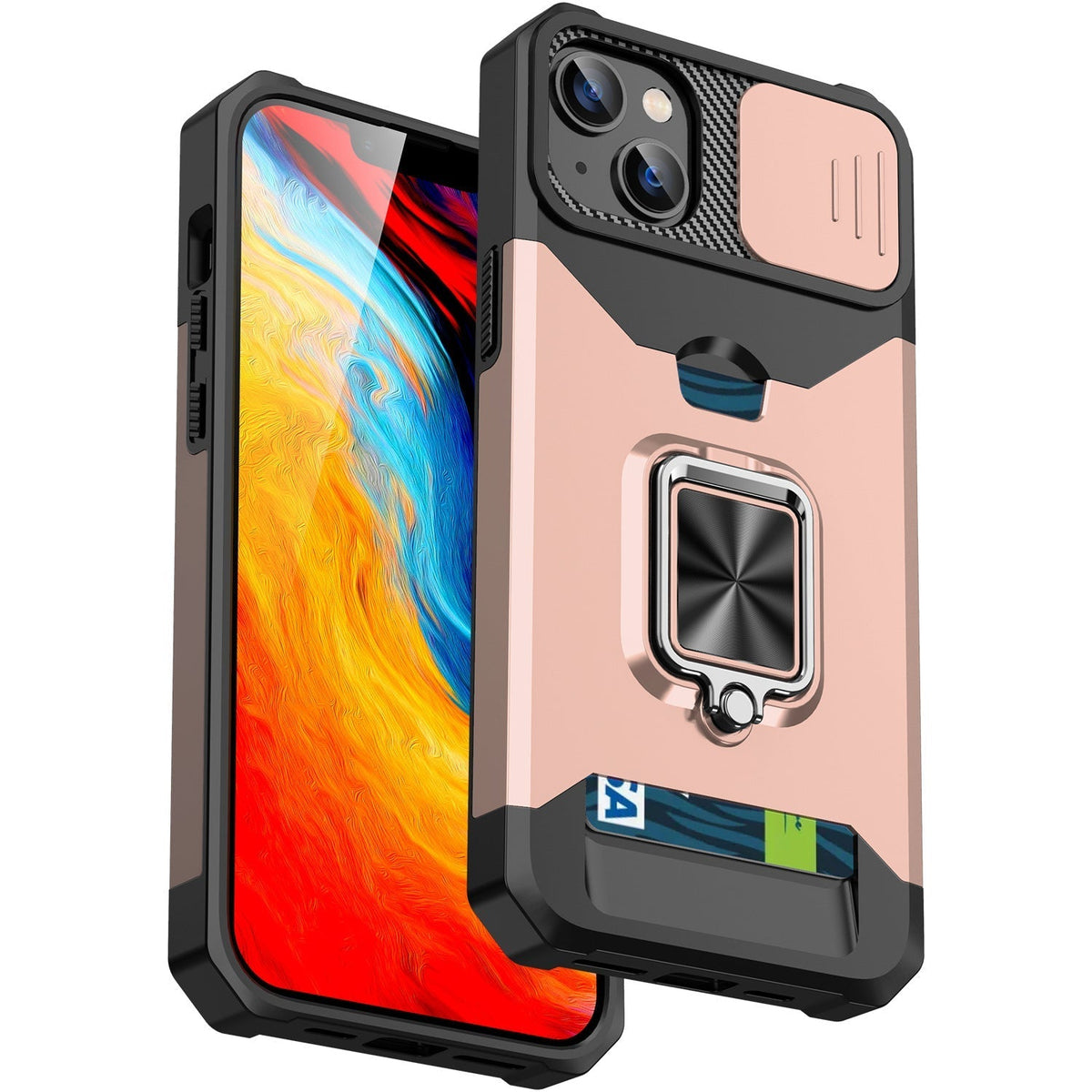 iPhone 17 Pro Max / 18 Pro Max dual layer case with card slot ring holder & camera shutter (B004)