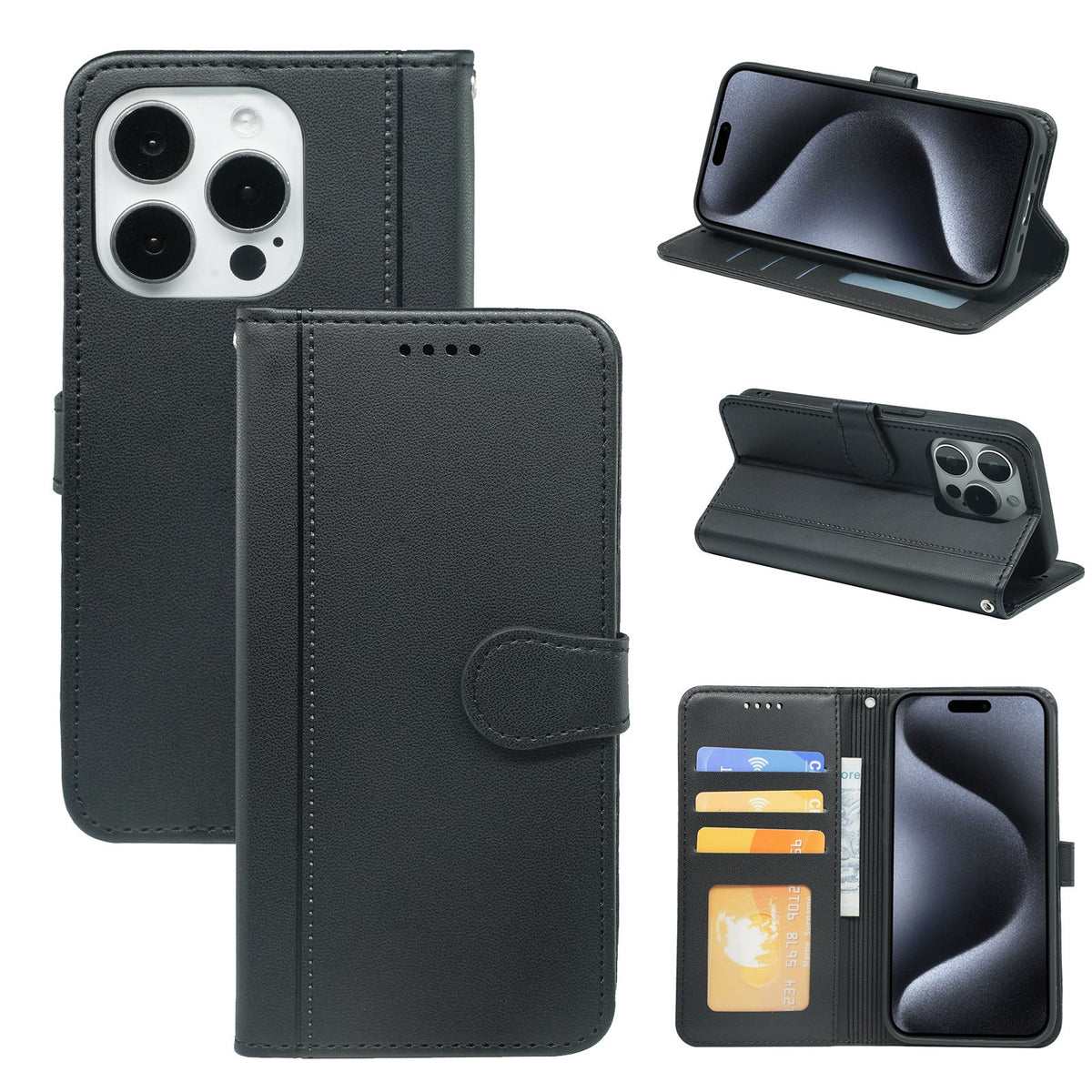 iphone 16 PU leather flip case stitched, 3 card slot & front round shaped closure (w-R203C)