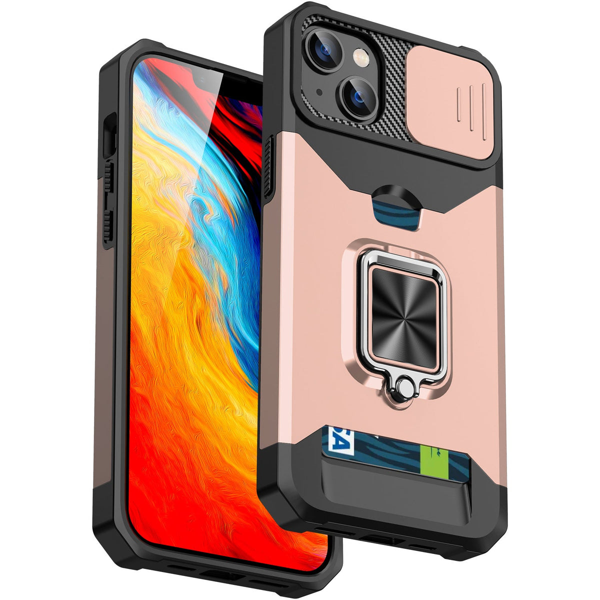 Iphone 15 pro dual layer case with card slot ring holder & camera shutter (B004)