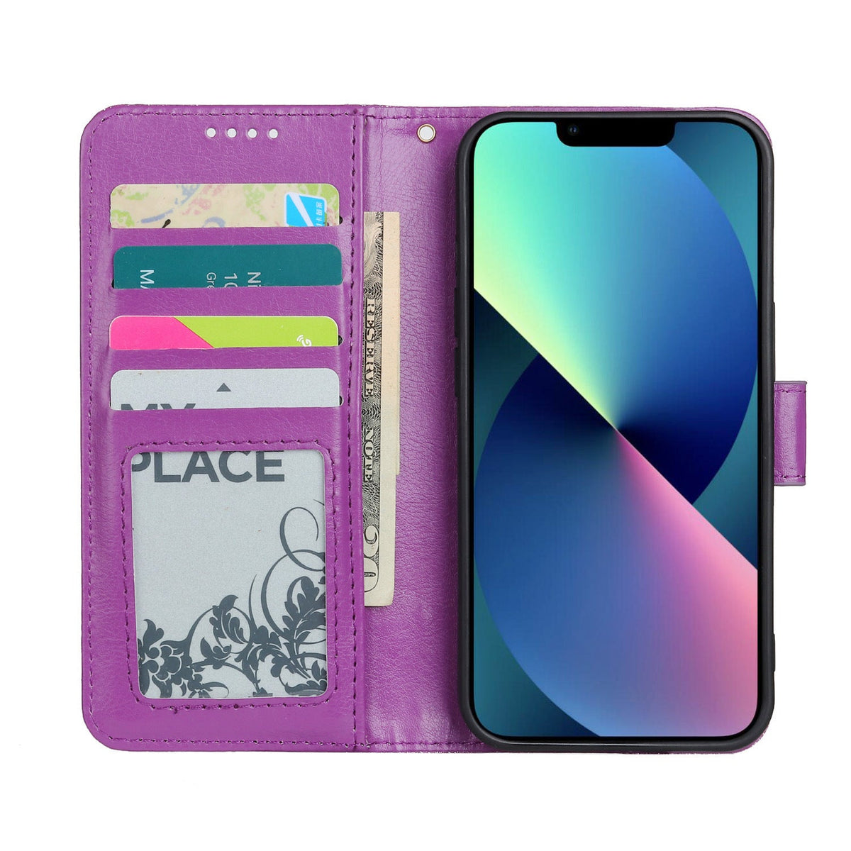 iphone 15 PU leather flip case shiny glitter finish 3 card slot (w-glitter3)