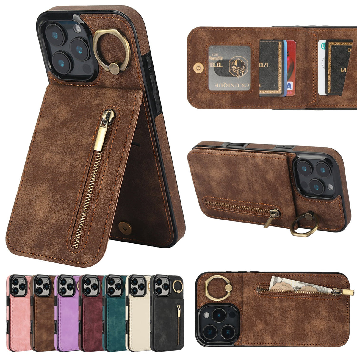iphone xs max back wallet case with ring and zipper pocket RFID