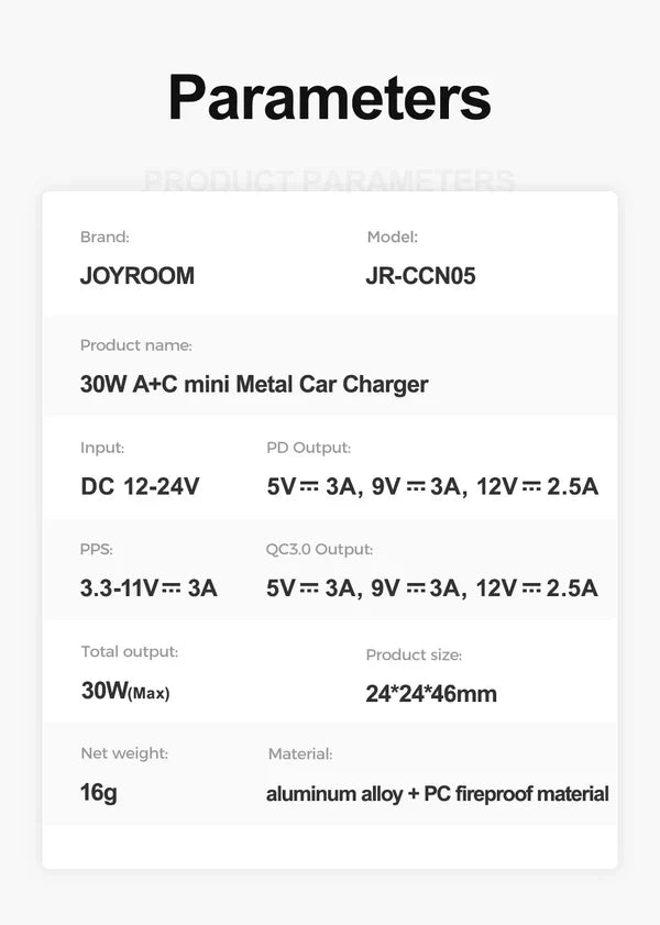JOYROOM 30W Dual Ports A+C Mini Metal Car Charger JR-CCN05
