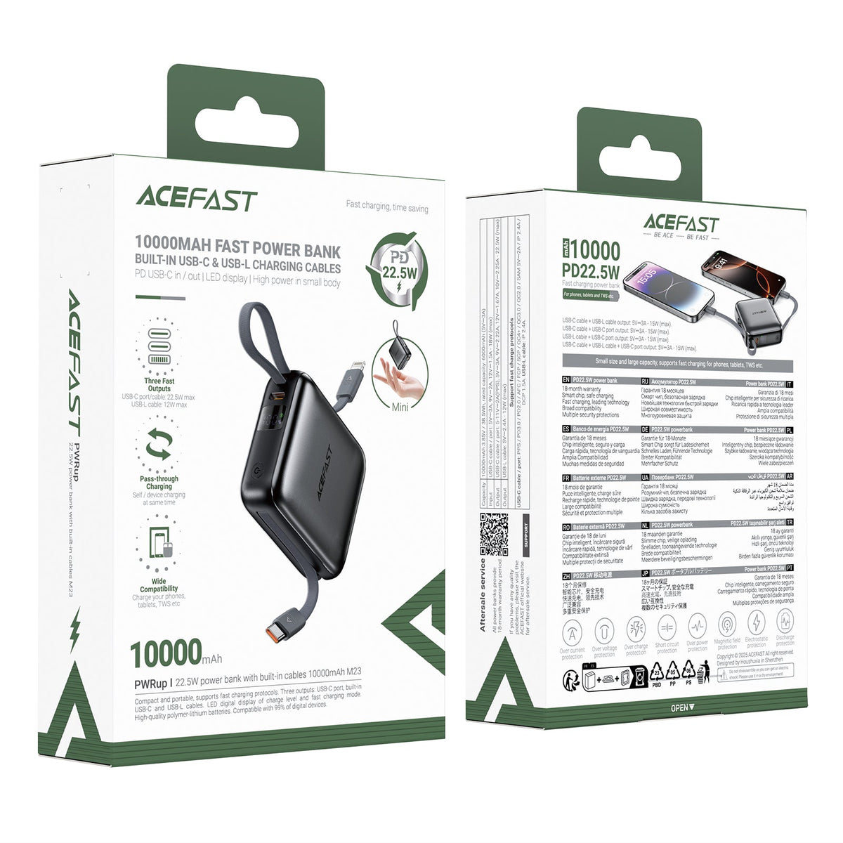 ACEFAST 10000 22.5W Power Bank with Built-in Dual Cables - M23