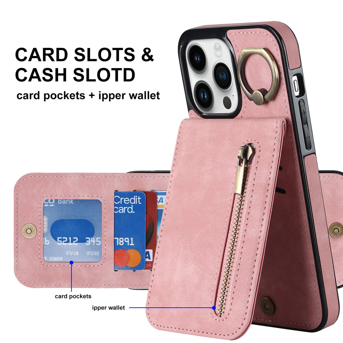 iphone xs max back wallet case with ring and zipper pocket RFID