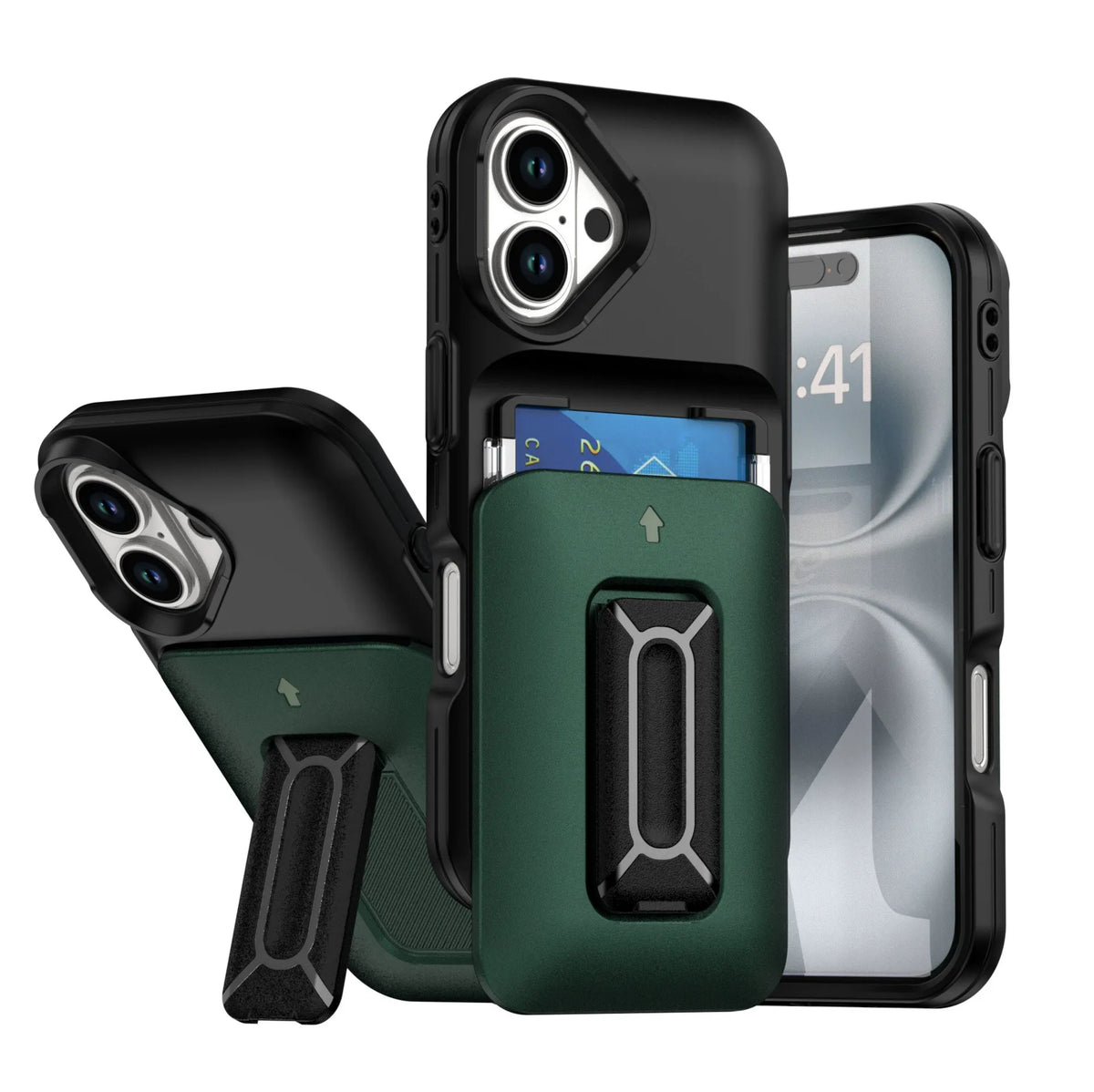 Iphone 12 / 12 pro dual layer case with 2 card compartment & dual position kickstand (B005)