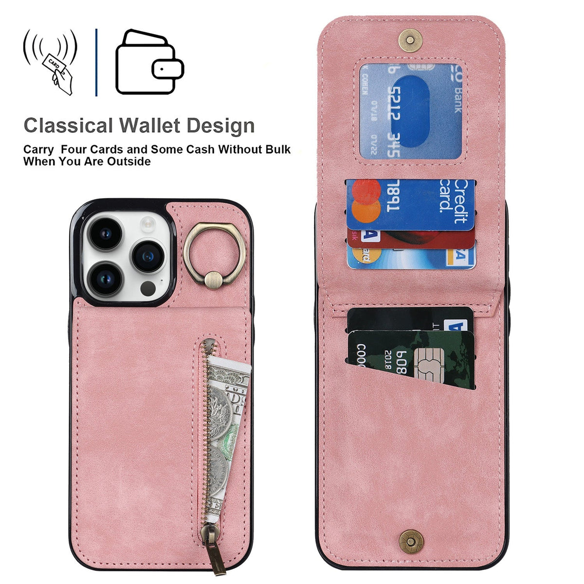 iphone xs max back wallet case with ring and zipper pocket RFID