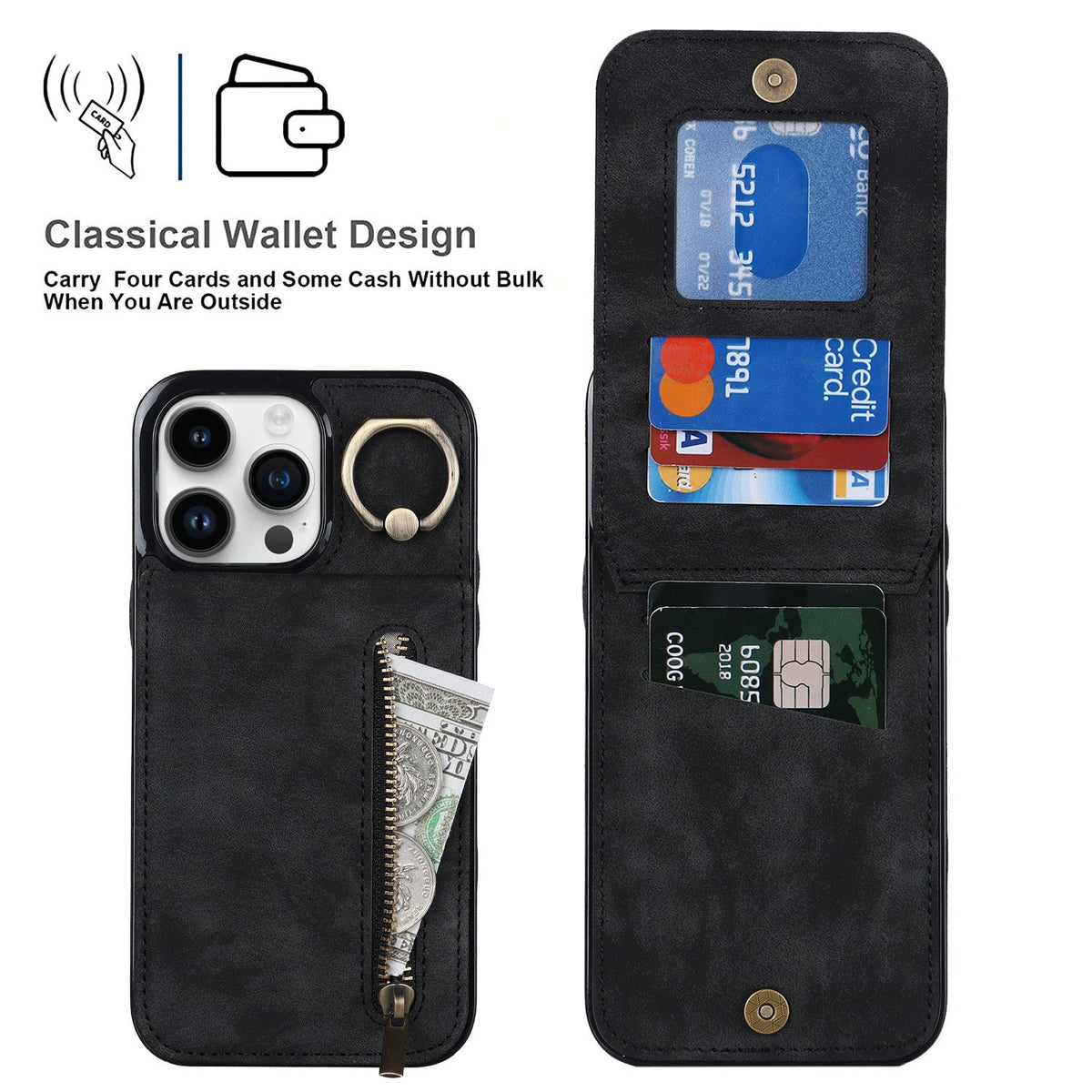 iphone 14 pro back wallet case with ring and zipper pocket RFID