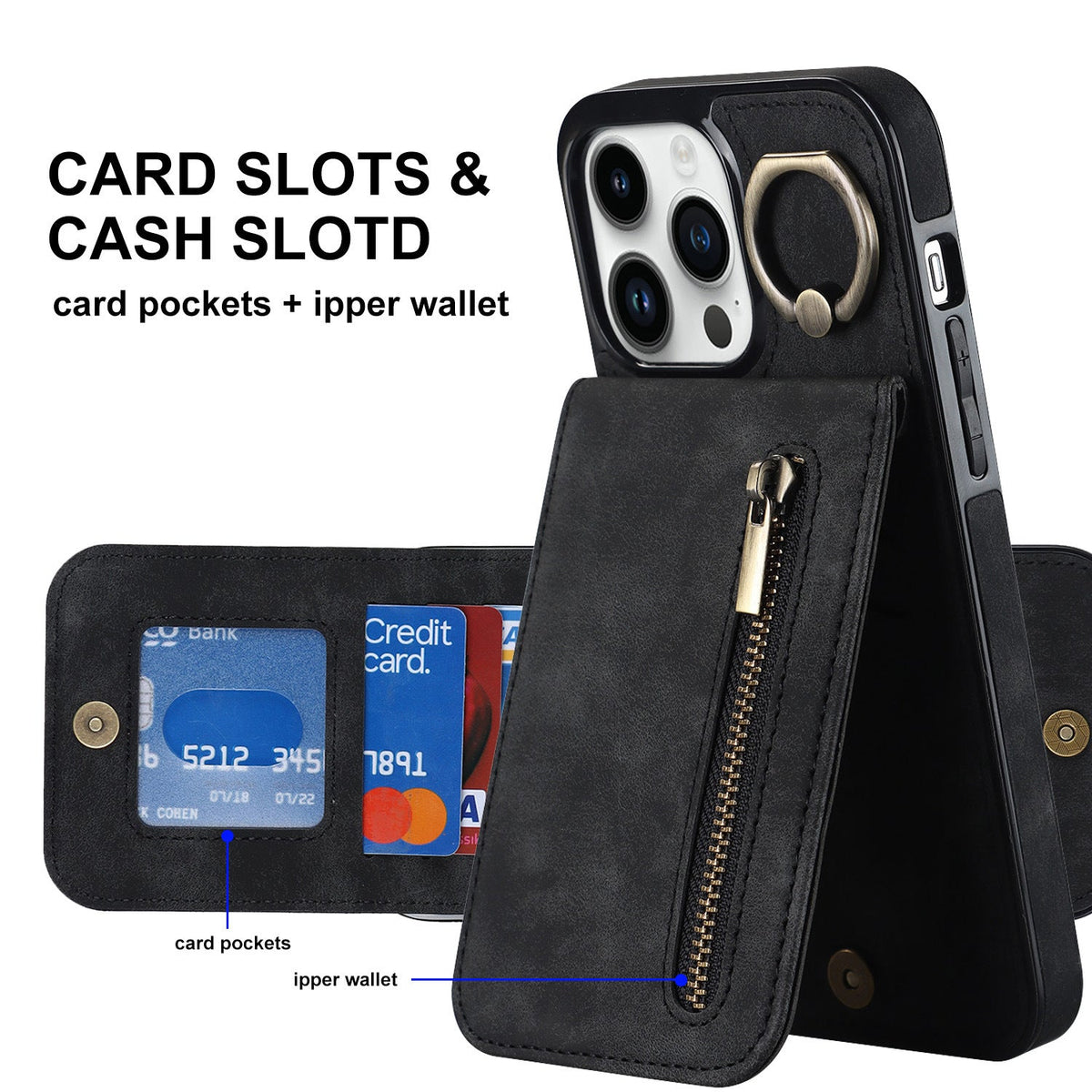 iphone 14 pro back wallet case with ring and zipper pocket RFID