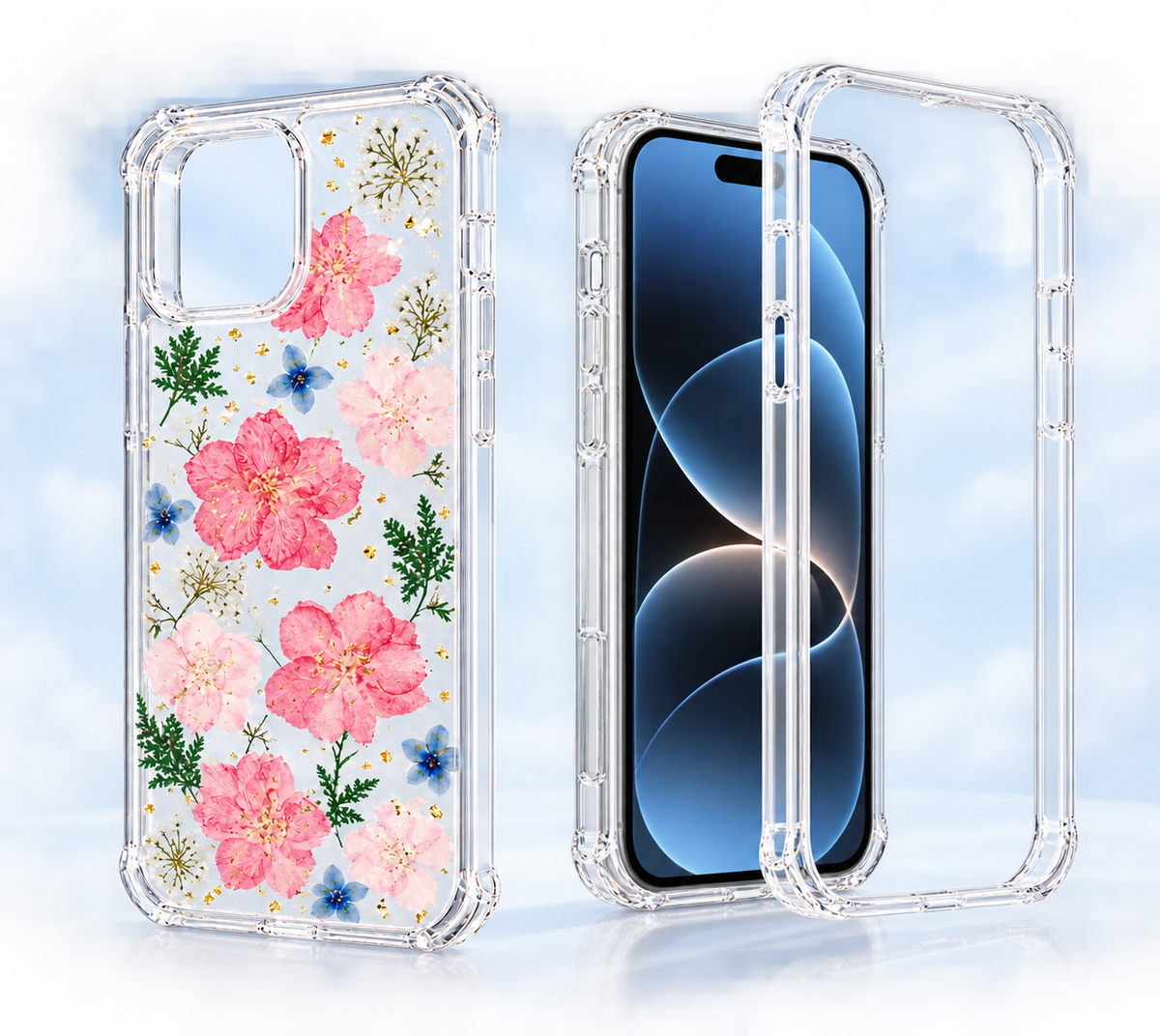 iPhone 12 / 12 Pro 2pc shockproof clear case resin epoxy floral camera protection
