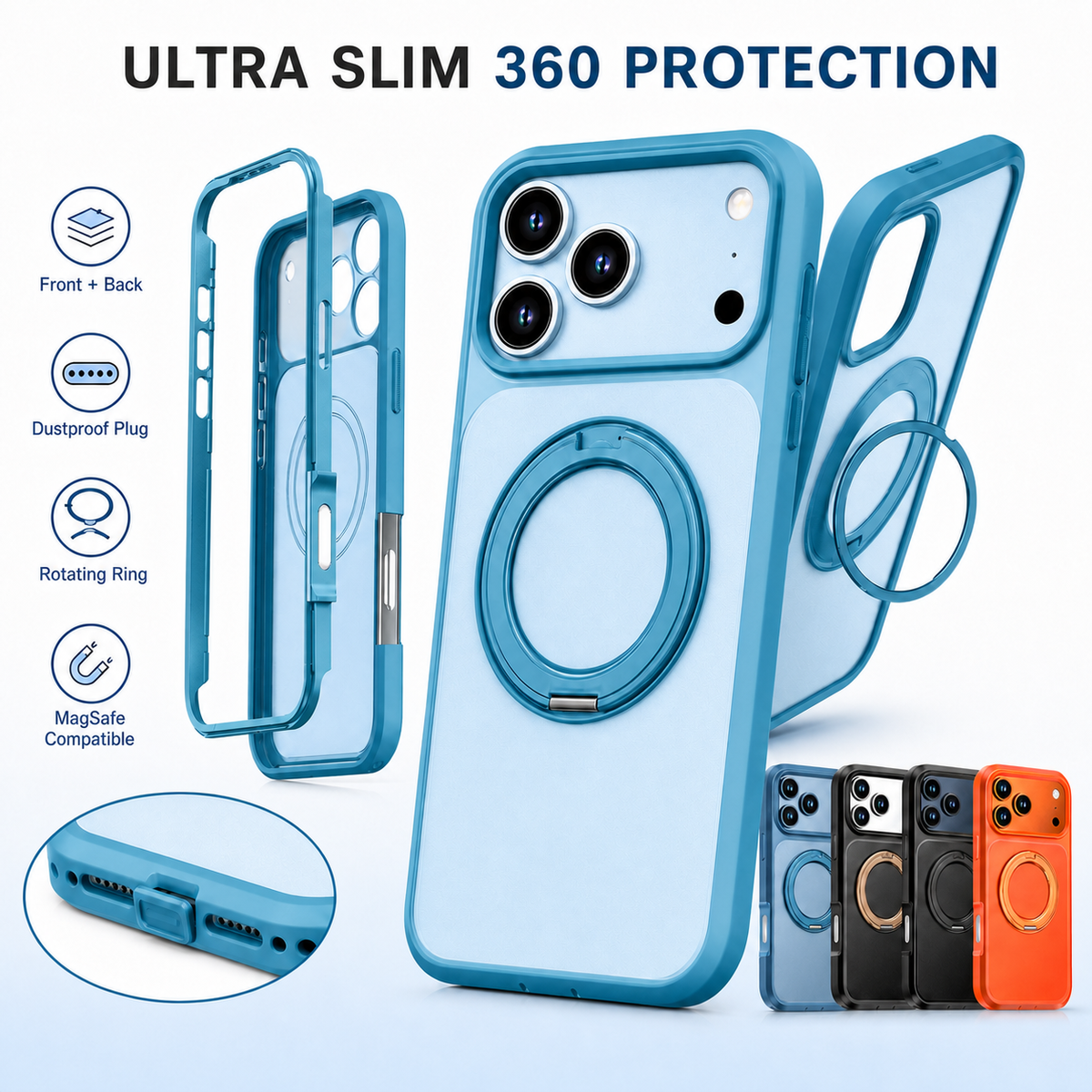 Iphone 16 Pro case Ultra Slim Dual Tone MagSafe 360? Front + Back Protection, Dustproof Plug & Rotating Ring (b013)