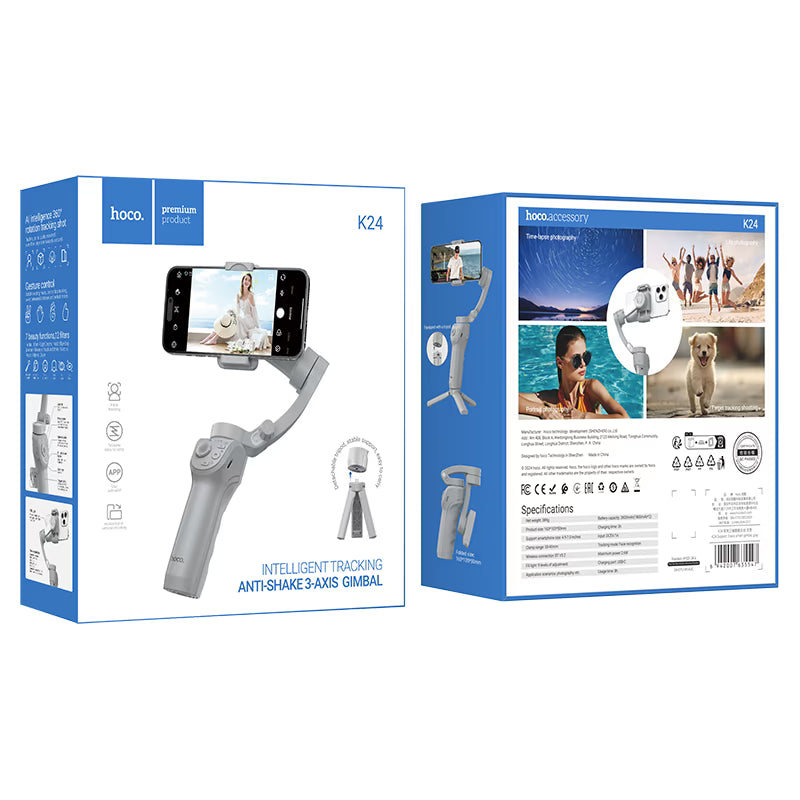 hoco. K24 Support, smart 3-axis gimbal, for 4.5 – 7 inches mobile phones, face tracking, 360-degree rotation, 3 modes fill light, tripod product image