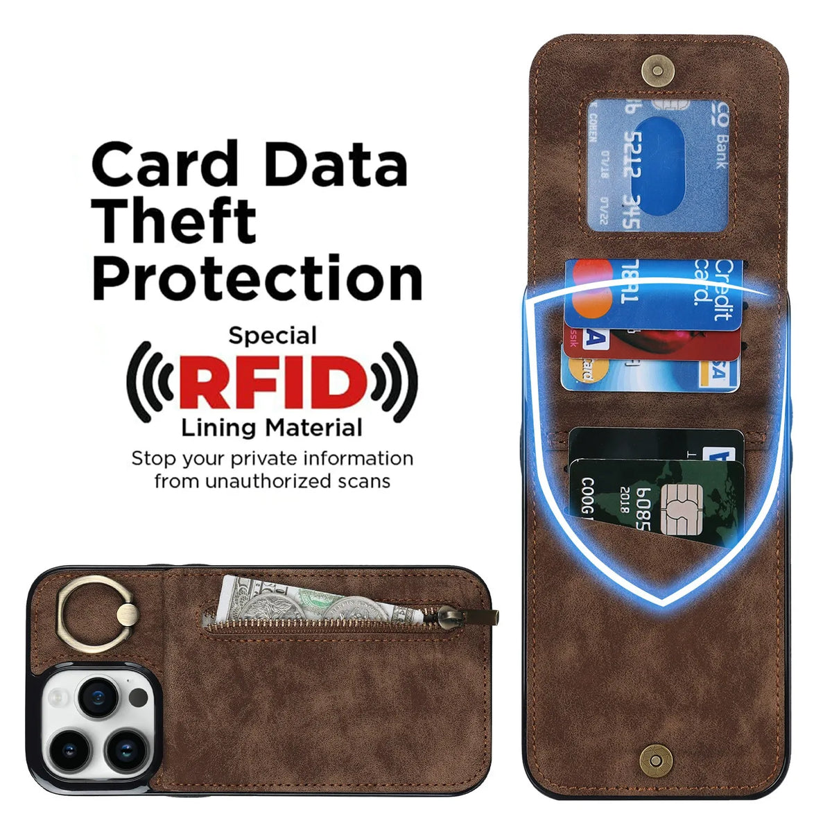 iphone 14 pro back wallet case with ring and zipper pocket RFID