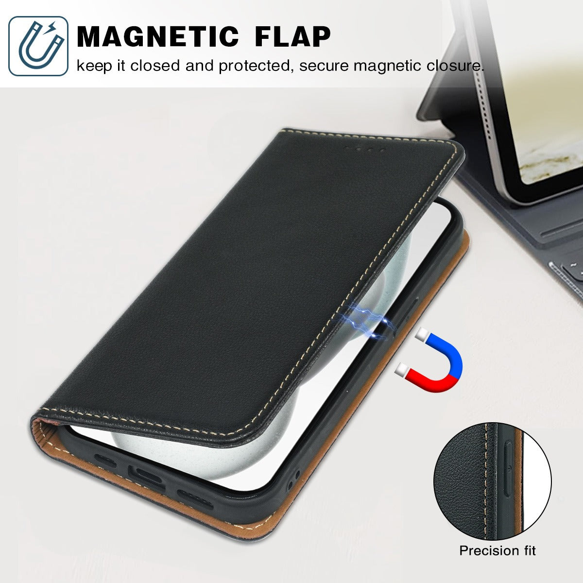 iphone 13 pro max flip wallet case lichi grain finish with invisible magnetic closure (strong) & RFID blocking (w-015)