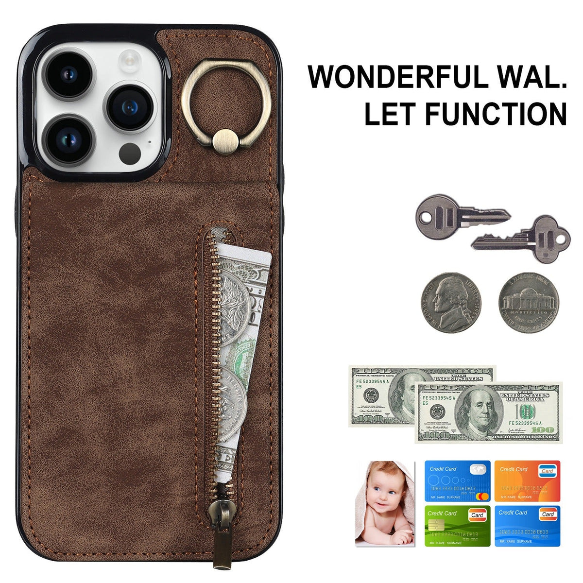 iphone 13 pro max back wallet case with ring and zipper pocket RFID