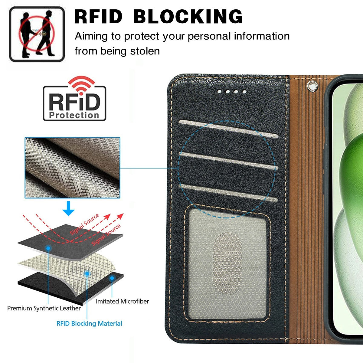 iphone 12 mini flip wallet case lichi grain finish with invisible magnetic closure (strong) & RFID blocking (w-015)